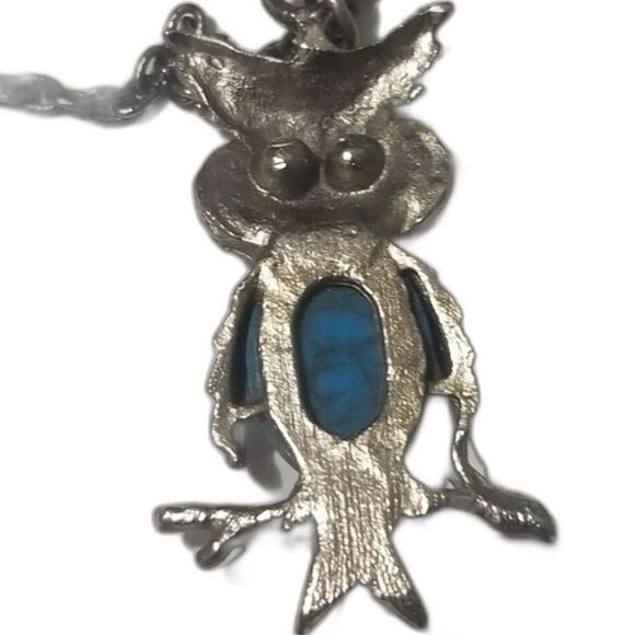 60s Vintage Turquoise Belly Green Crystal Eyes Owl Pendant Chain Link Necklace - Picture 5 of 7